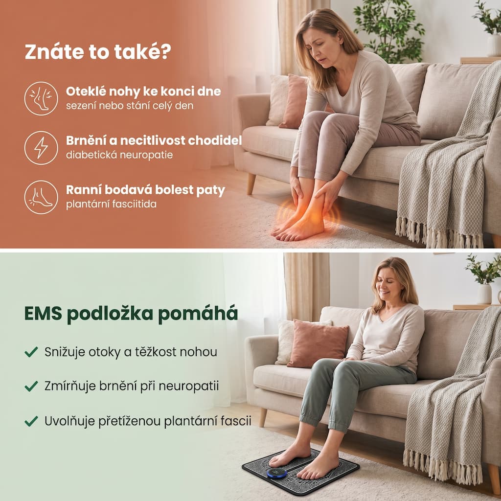 EMS masážní podložka chodidel při otocích, brnění a bolesti paty